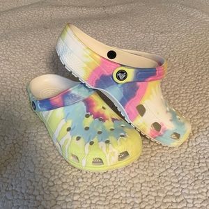 Pastel tie-dye Crocs.